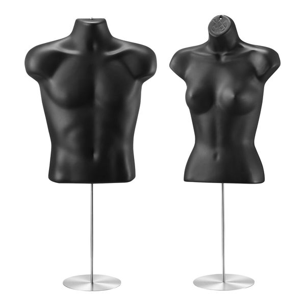 Male Female Mannequin Display Dressmakers Torso Dress Form Fashion Sewing Mens Women Dummy 70-100cm Hollow Back Black with Stands 2PCS