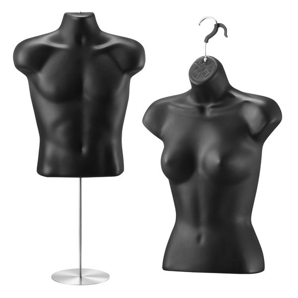 Male Female Mannequin Display Dressmakers Torso Dress Form Fashion Sewing Mens Women Dummy 70-100cm Hollow Back Black with Stands 2PCS