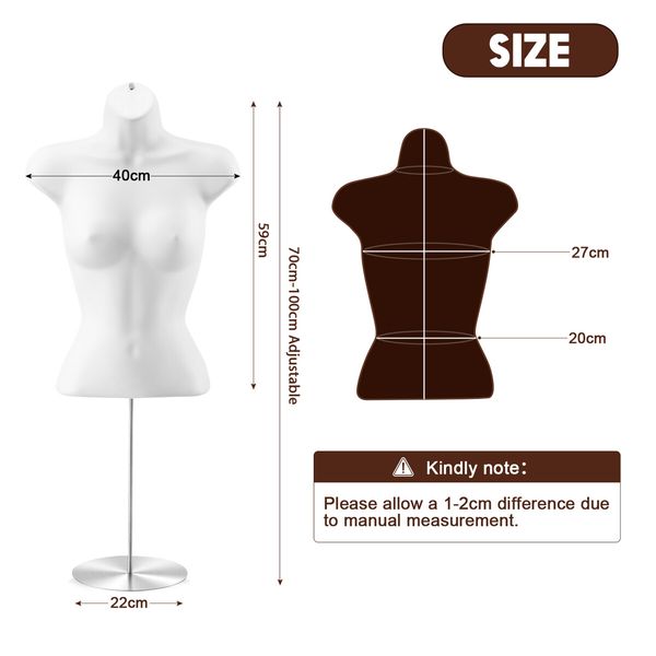 2PCS Female Mannequin Manikin Dressmakers Dress Form Torso Shop Display Fashion Sewing Dummy Adjustable 70-100cm with Stands Hollow Back White