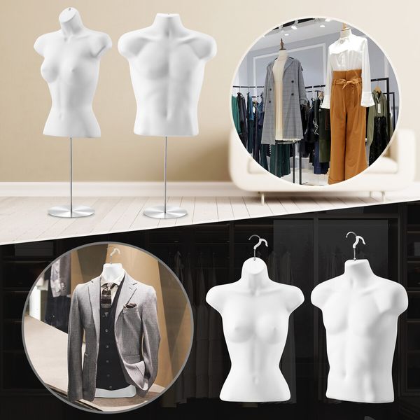 Male Female Mannequin Display Manikin Dressmakers Torso Dress Form Sewing Fashion Mens Women Dummy Adjustable 70-100cm with Stands Hollow Back 2PCS