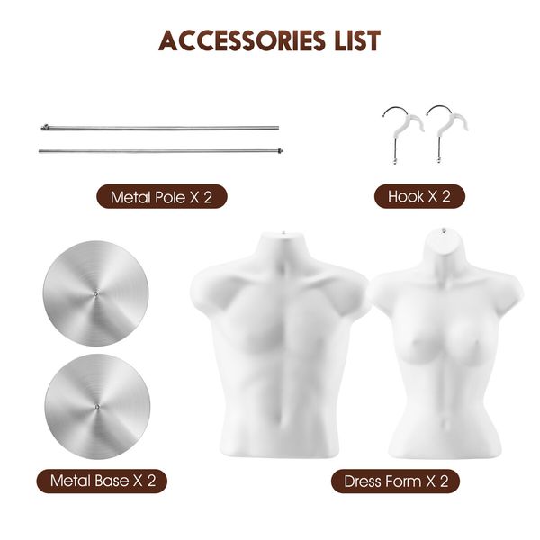 Male Female Mannequin Display Manikin Dressmakers Torso Dress Form Sewing Fashion Mens Women Dummy Adjustable 70-100cm with Stands Hollow Back 2PCS