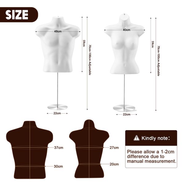 Male Female Mannequin Display Manikin Dressmakers Torso Dress Form Sewing Fashion Mens Women Dummy Adjustable 70-100cm with Stands Hollow Back 2PCS