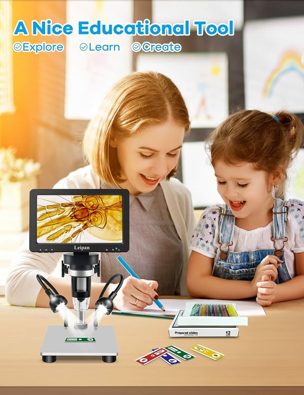 7" LCD Digital Microscope 1200X,12MP Coin Microscope with Screen,1080P Video Microscope with 12pcs Slides,Wired Remote,2 Side Lights (DM9)