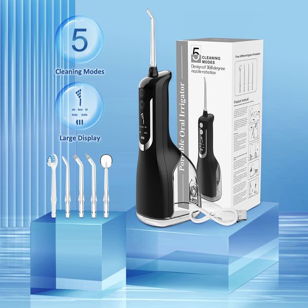 Cordless Water Flosser Oral Irrigator Dental Floss Care Teeth Cleaner 5 Jet Tips 5 Cleaning Modes Portable Waterproof Orthodontic Pick Home Travel