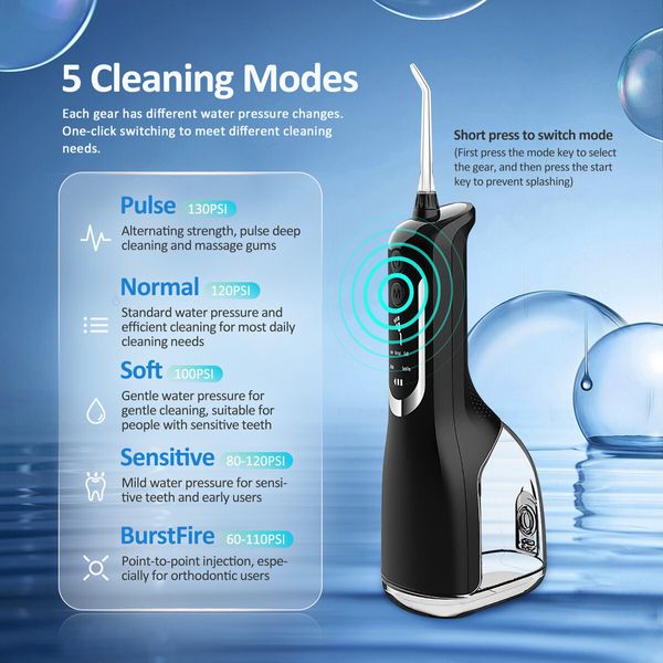 Cordless Water Flosser Oral Irrigator Dental Floss Care Teeth Cleaner 5 Jet Tips 5 Cleaning Modes Portable Waterproof Orthodontic Pick Home Travel