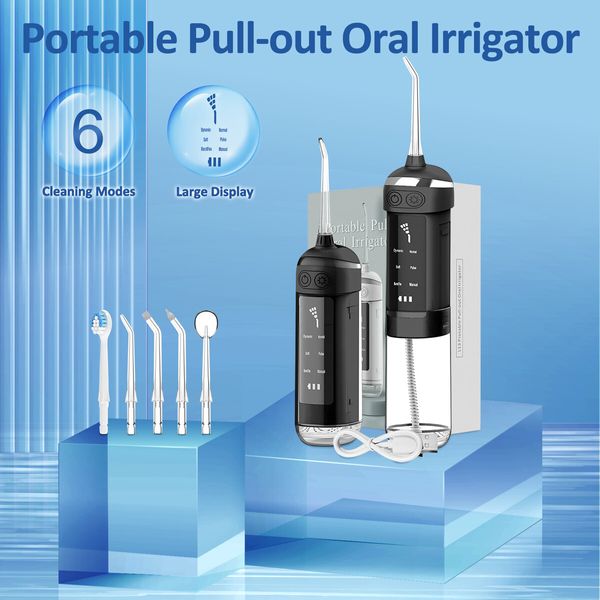 Water Dental Flosser Teeth Cleaning Gum Braces Care 6 Modes Cordless Portable Pull Out Oral Irrigator 5 Jet Tips Pick Waterproof Cleaner Home Travel