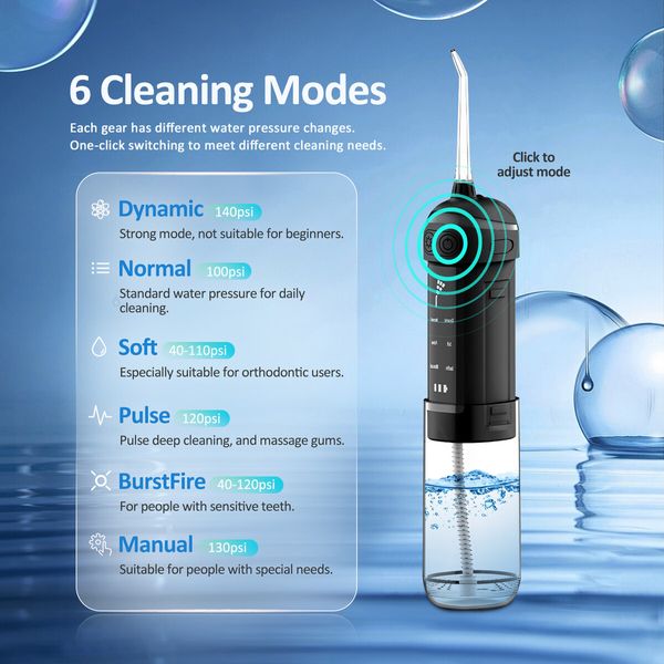 Water Dental Flosser Teeth Cleaning Gum Braces Care 6 Modes Cordless Portable Pull Out Oral Irrigator 5 Jet Tips Pick Waterproof Cleaner Home Travel