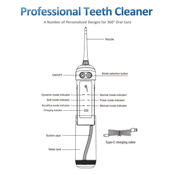 Water Dental Flosser Teeth Cleaning Gum Braces Care 6 Modes Cordless Portable Pull Out Oral Irrigator 5 Jet Tips Pick Waterproof Cleaner Home Travel