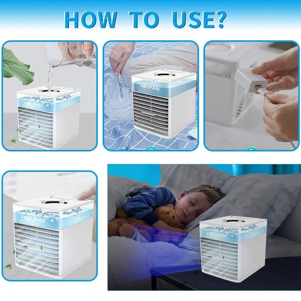 Personal Air Cooler,Mini Air Conditioner Portable Evaporative Cooling USB Fan With 7 Colors LED Light,Humidifier with 3 Speeds for Home Room Office