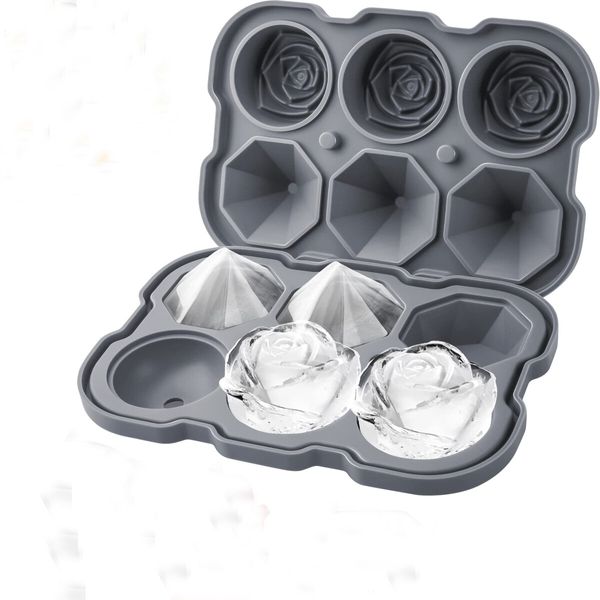 Ice Cube Tray, Rose Ice Cube Trays With Covers,3 Silicone Rose Ice Tray And 3 Diamond Ice Ball Maker For Juice Cocktails, Whiskey Col Grey