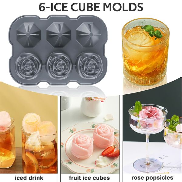 Ice Cube Tray, Rose Ice Cube Trays With Covers,3 Silicone Rose Ice Tray And 3 Diamond Ice Ball Maker For Juice Cocktails, Whiskey Col Grey