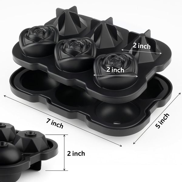 Ice Cube Tray, Rose Ice Cube Trays With Covers,3 Silicone Rose Ice Tray And 3 Diamond Ice Ball Maker For Juice Cocktails, Whiskey Col Black