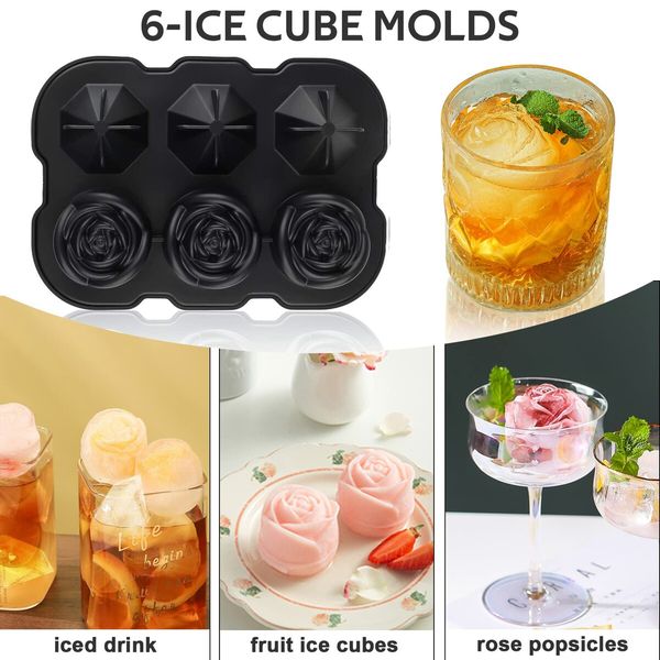 Ice Cube Tray, Rose Ice Cube Trays With Covers,3 Silicone Rose Ice Tray And 3 Diamond Ice Ball Maker For Juice Cocktails, Whiskey Col Black