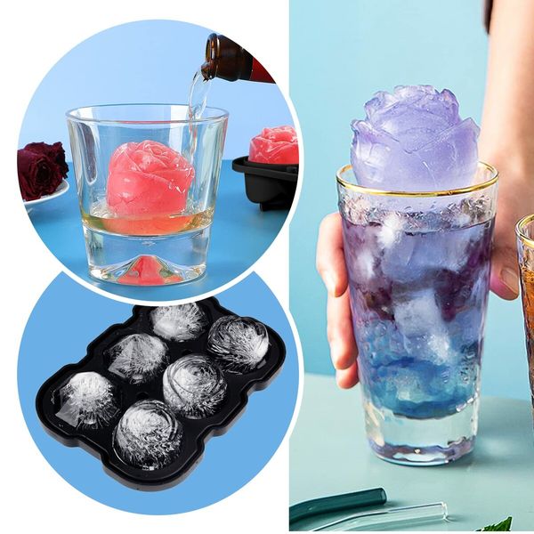 Ice Cube Tray, Rose Ice Cube Trays With Covers,3 Silicone Rose Ice Tray And 3 Diamond Ice Ball Maker For Juice Cocktails, Whiskey Col Black