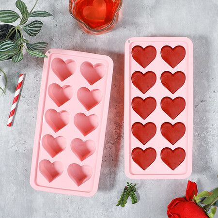 2 PCS Heart Ice Cube Molds, 10 Heart Shaped Silicone Molds for Chocolate, Ice Cubes,Candy, Soap,Pink Ice Cube Trays for Cocktails, Whiskey, Drinkings