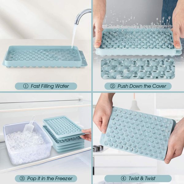 Ice Cube Trays Set, 1.5cm Small Maker for Freezer Easy Release, 104x4 PCS Ball Mold with Bin & Scoop, Chilling Drinks Coffee Juice Cocktail