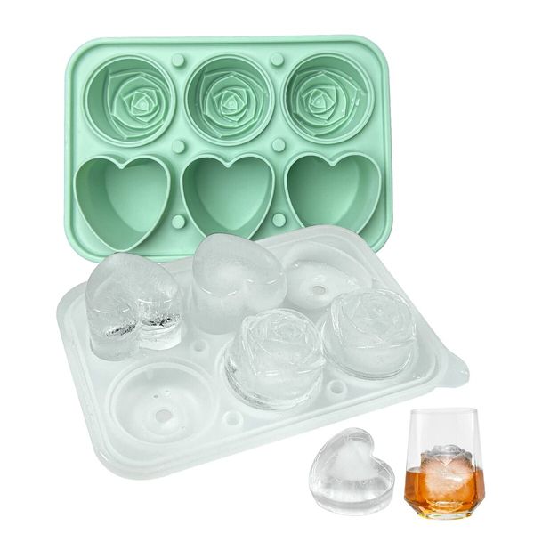 2p Rose Ice Cube Mold, Heart Shapes Ice Cube Tray, Silicone Ice Mold Fun Shapes3 Heart & 3 Rose Ice Balls for Chilling Whiskey Cocktails Drinks