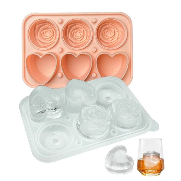 2p Rose Ice Cube Mold, Heart Shapes Ice Cube Tray, Silicone Ice Mold Fun Shapes3 Heart & 3 Rose Ice Balls for Chilling Whiskey Cocktails Drinks