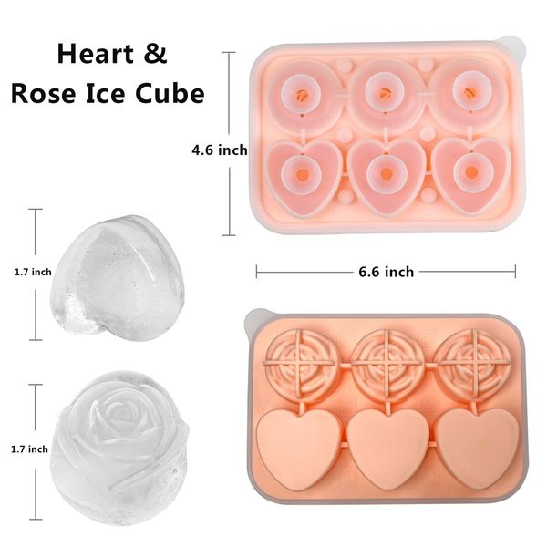 2p Rose Ice Cube Mold, Heart Shapes Ice Cube Tray, Silicone Ice Mold Fun Shapes3 Heart & 3 Rose Ice Balls for Chilling Whiskey Cocktails Drinks