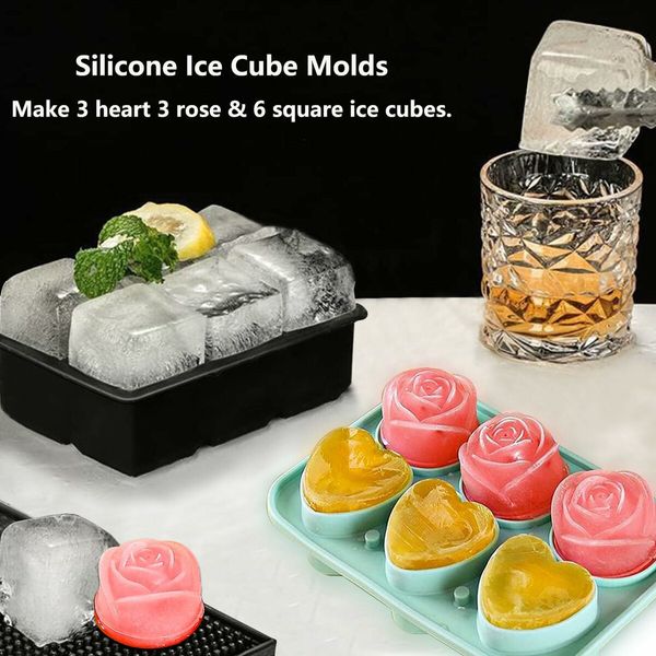 2p Rose Ice Cube Mold, Heart Shapes Ice Cube Tray, Silicone Ice Mold Fun Shapes3 Heart & 3 Rose Ice Balls for Chilling Whiskey Cocktails Drinks