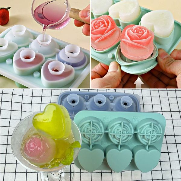 2p Rose Ice Cube Mold, Heart Shapes Ice Cube Tray, Silicone Ice Mold Fun Shapes3 Heart & 3 Rose Ice Balls for Chilling Whiskey Cocktails Drinks