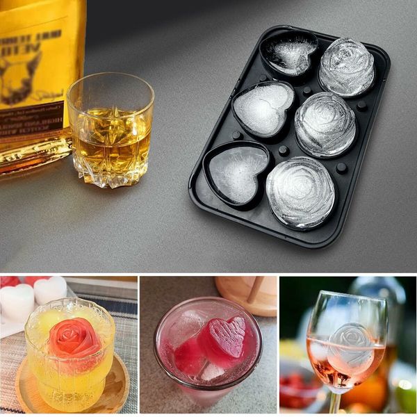 2p Rose Ice Cube Mold, Heart Shapes Ice Cube Tray, Silicone Ice Mold Fun Shapes3 Heart & 3 Rose Ice Balls for Chilling Whiskey Cocktails Drinks