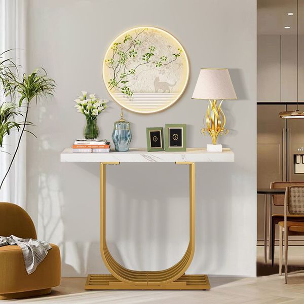 Modern Console Table Coffee Narrow Side Desk Storage Rack Marble White Living Room Office Entry Office