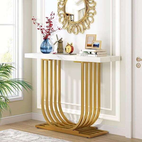 Modern Console Table Coffee Narrow Side Desk Storage Rack Marble White Living Room Office Entry Office