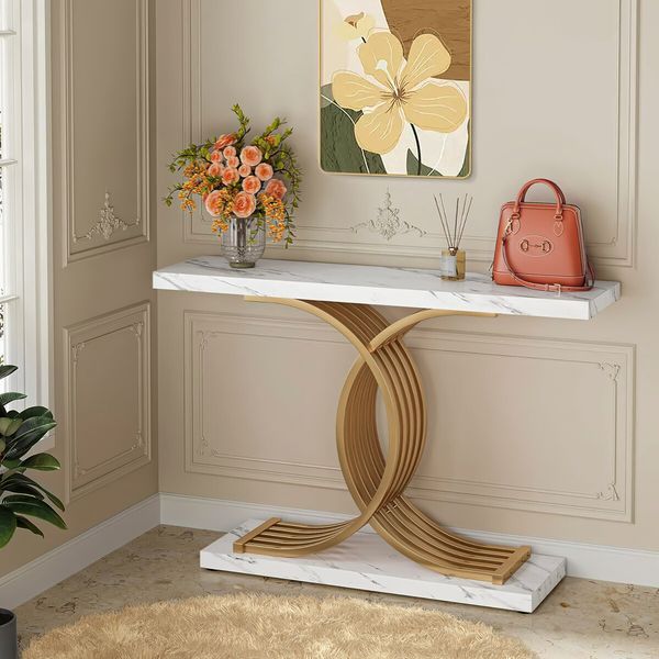 Modern Console Table Coffee Narrow Side Desk Storage Rack Marble White Living Room Office Entry Office