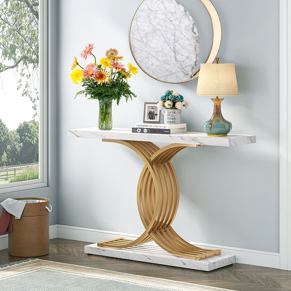 Modern Console Table Coffee Narrow Side Desk Storage Rack Marble White Living Room Office Entry Office