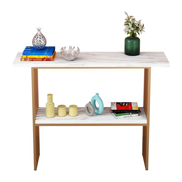 120cm Console Table White Faux Marble Entryway Hallway Gold Finished Frame Modern Deluxe Sofa with 2 Tier Storage