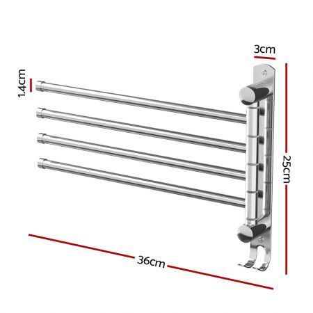 Towel Rail Rack Holder 4 Bars Wall Mounted Stainless Steel Swivel Hook