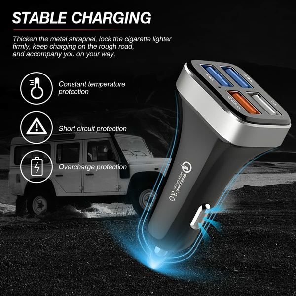 USB Car Charger Adapter, 4 Ports QC3.0 Cell Phone Fast Charger, Smart Quick   for Cigarette Lighter, Compatible with iPhone  All Smartphones