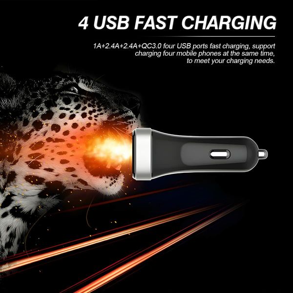 USB Car Charger Adapter, 4 Ports QC3.0 Cell Phone Fast Charger, Smart Quick   for Cigarette Lighter, Compatible with iPhone  All Smartphones