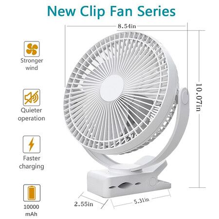 10000mAh 8-Inch Rechargeable Battery Operated Clip on Fan, Air Circulating USB Fan,Portable for Camping Tent Beach Car Col White