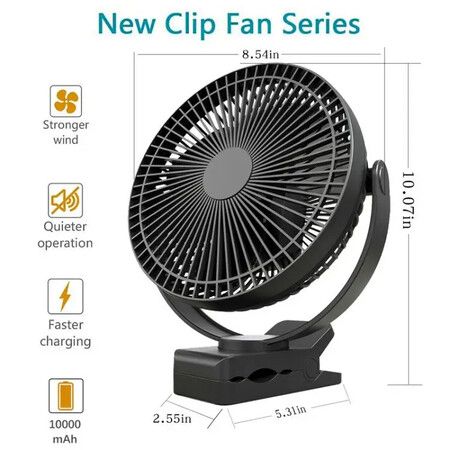 10000mAh 8-Inch Rechargeable Battery Operated Clip on Fan, Air Circulating USB Fan,Portable for Out Camping Tent Beach Car Col Black