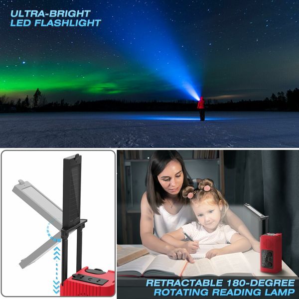 Radio Emergency Solar Hand Crank AM FM NOAA Weather LED Flashlight Reading Lamp SOS Alarm Headphone Jack 4000mAh  Portable Indoor Outdoor Red Survival Tool