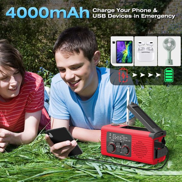 Radio Emergency Solar Hand Crank AM FM NOAA Weather LED Flashlight Reading Lamp SOS Alarm Headphone Jack 4000mAh  Portable Indoor Outdoor Red Survival Tool