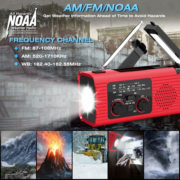 Radio Emergency Solar Hand Crank AM FM NOAA Weather LED Flashlight Reading Lamp SOS Alarm Headphone Jack 4000mAh  Portable Indoor Outdoor Red Survival Tool