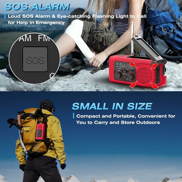 Radio Emergency Solar Hand Crank AM FM NOAA Weather LED Flashlight Reading Lamp SOS Alarm Headphone Jack 4000mAh  Portable Indoor Outdoor Red Survival Tool