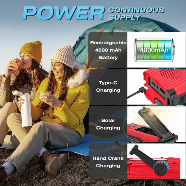 Radio Emergency Solar Hand Crank AM FM NOAA Weather LED Flashlight Reading Lamp SOS Alarm Headphone Jack 4000mAh  Portable Indoor Outdoor Red Survival Tool