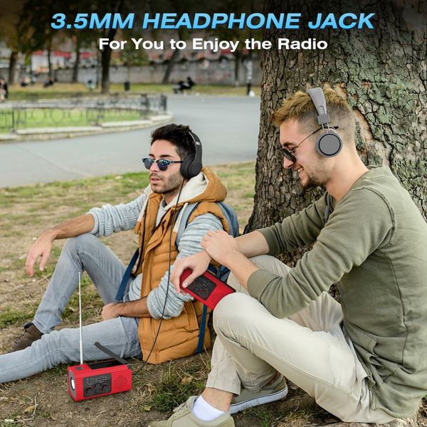 Radio Emergency Solar Hand Crank AM FM NOAA Weather LED Flashlight Reading Lamp SOS Alarm Headphone Jack 4000mAh  Portable Indoor Outdoor Red Survival Tool