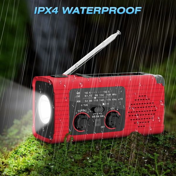 Radio Emergency Solar Hand Crank AM FM NOAA Weather LED Flashlight Reading Lamp SOS Alarm Headphone Jack 4000mAh  Portable Indoor Outdoor Red Survival Tool