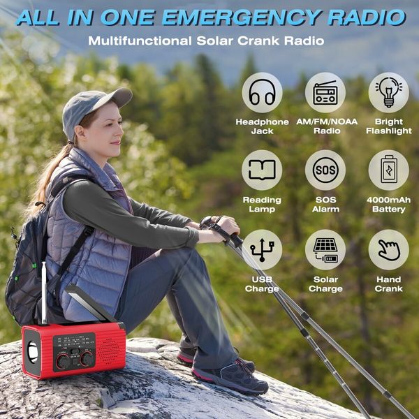 Radio Emergency Solar Hand Crank AM FM NOAA Weather LED Flashlight Reading Lamp SOS Alarm Headphone Jack 4000mAh  Portable Indoor Outdoor Red Survival Tool