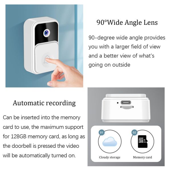 V9-White-Smart Wireless Remote Video Doorbell, Camera Wireless Intercom, HD Night Vision WiFi Security, Cloud Storage, 2-Way Audio,Visitor Capture