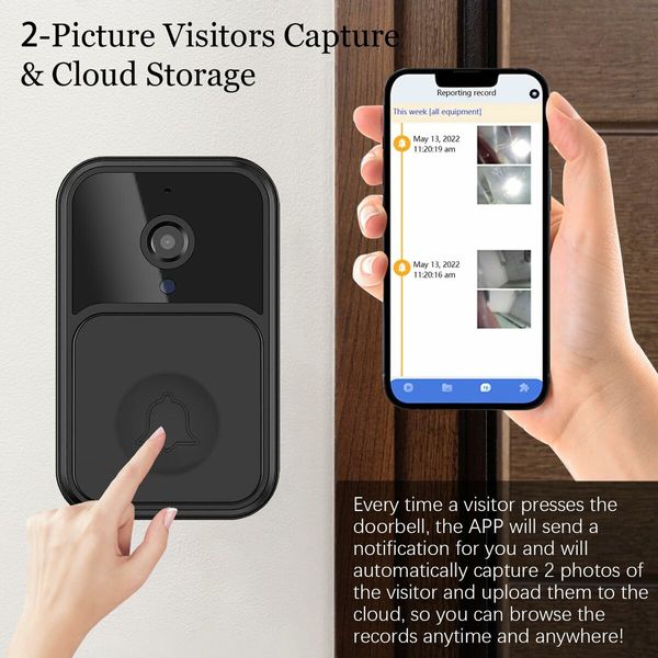 V9-Black-Smart Wireless Remote Video Doorbell, Camera Wireless Intercom, HD Night Vision WiFi Security, Cloud Storage, 2-Way Audio,Visitor Capture