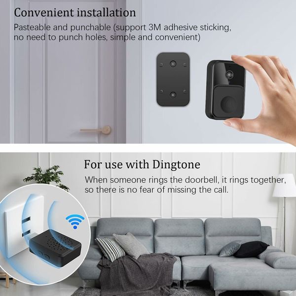 V9-Black-Smart Wireless Remote Video Doorbell, Camera Wireless Intercom, HD Night Vision WiFi Security, Cloud Storage, 2-Way Audio,Visitor Capture