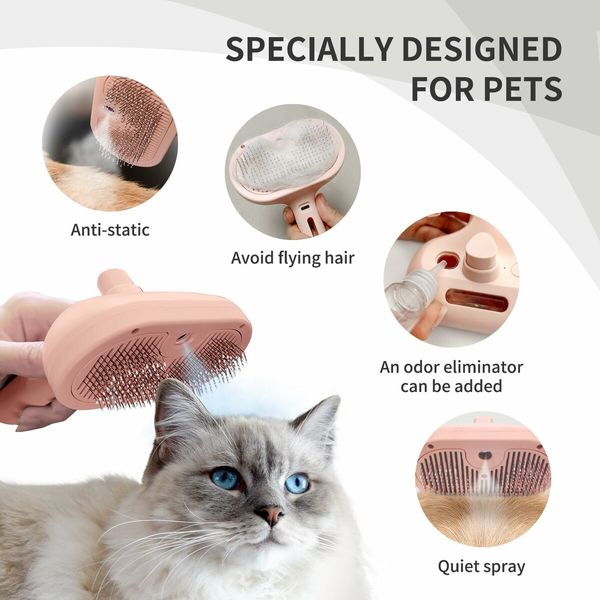 Spray Brush for Shedding, Remove Static Flying Pet Grooming Brush Self Cleaning Dog Brush (Pink)