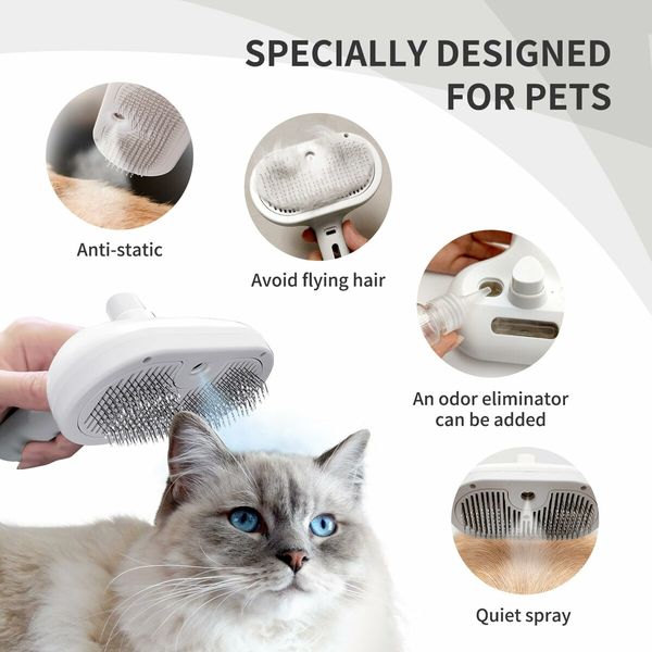 Spray Brush for Shedding, Remove Static Flying Pet Grooming Brush Self Cleaning Dog Brush (White)