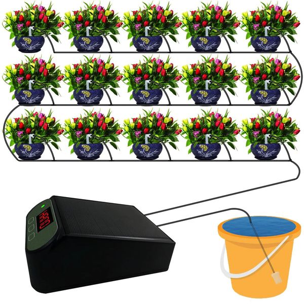 Solar Energy Intelligent Automatic Watering Device Timer System Garden Drip Irrigation Device for 15 Potted Plants in Green House, Garden, Balcony